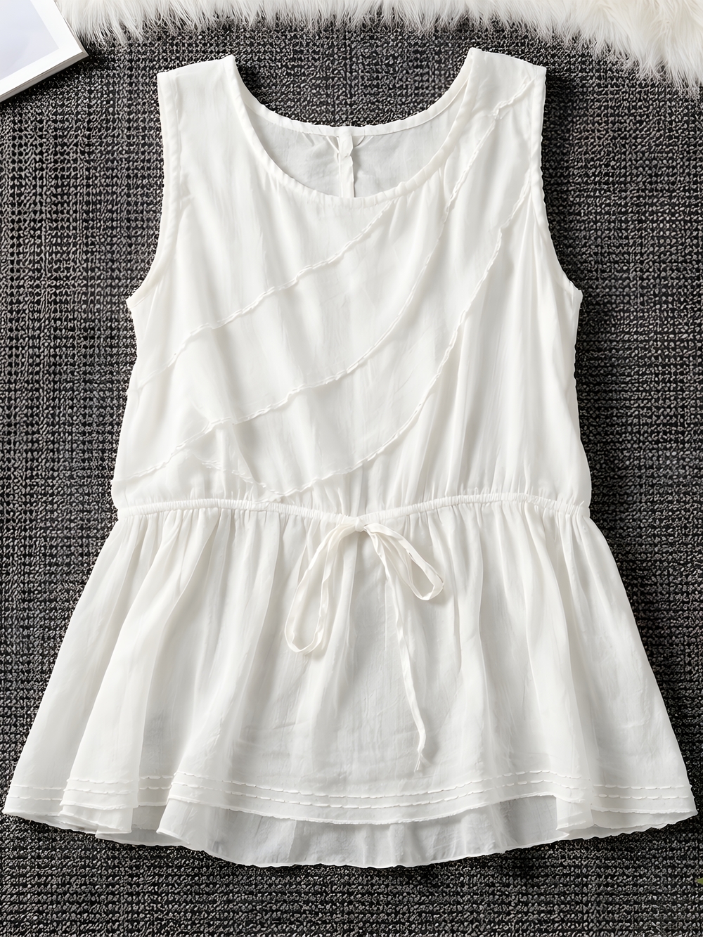 Uno Core M Medium Sleeveless White Ruffle Tie-Waist Blouse